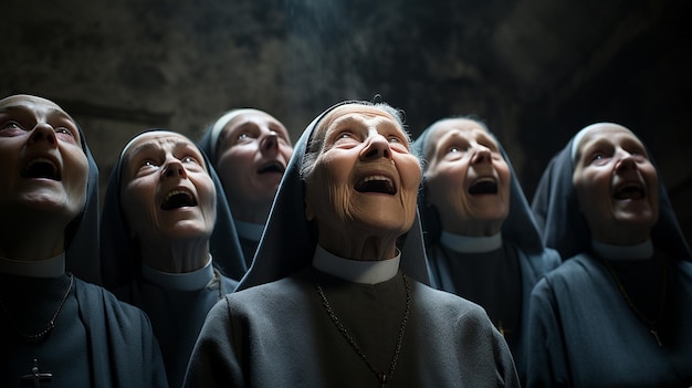 groep oudere nonnen die bidden terwijl ze glimlachend omhoog kijken