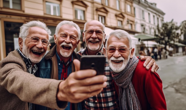 groep oudere volwassenen die plezier hebben samen buiten te vieren en selfie's maken met