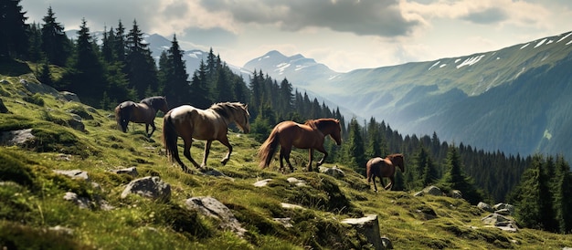 Groep paarden die op een berg grazen, beeld gegenereerd door AI