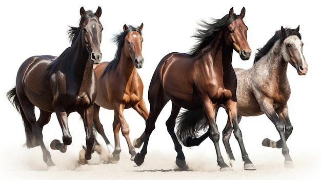 Groep paarden galopperen in het zand geïsoleerd op witte achtergrond Generatieve AI