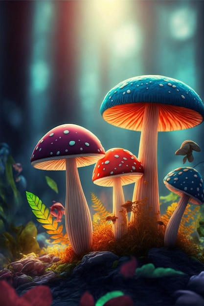 Groep paddenstoelen die bovenop een weelderig groen bos generatieve ai zitten