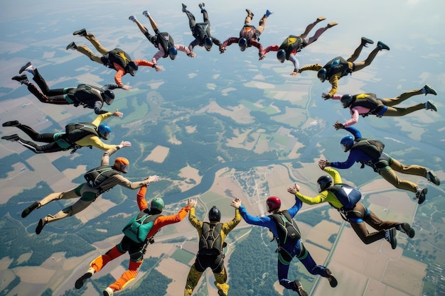 Groep parachutisten in vrije val die hand in hand een cirkel vormen