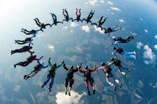 Groep parachutisten in vrije val die hand in hand een cirkel vormen