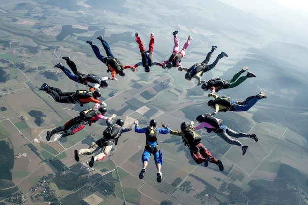 Groep parachutisten in vrije val die hand in hand een cirkel vormen