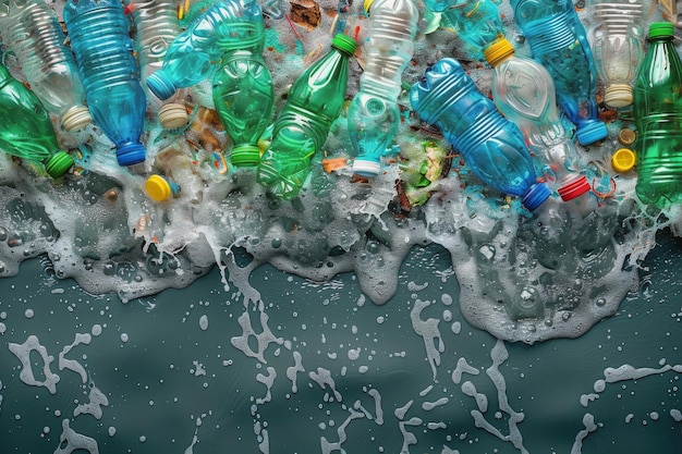 Groep plastic flessen die op het water drijven