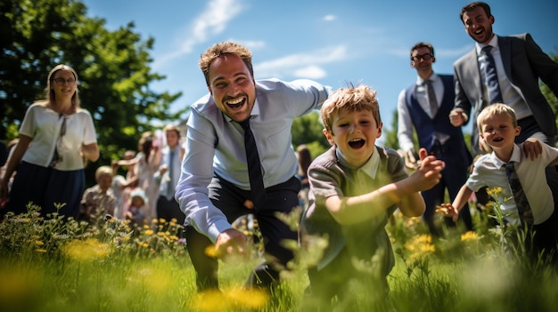 Groep professionals in zakelijke pakken en stropdassen die vrolijk op het gras spelen