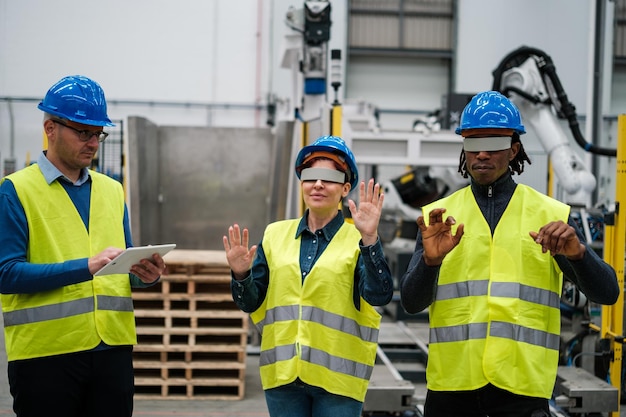 Groep roboticawerkers die virtual reality gebruiken in hun werk