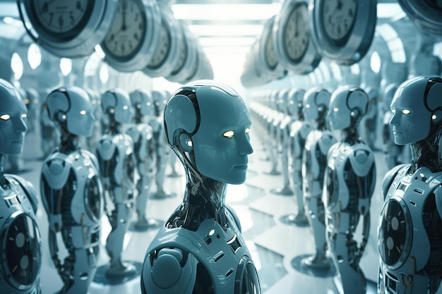 Groep robots blauwe neonogen tijdklokken generatieve ai