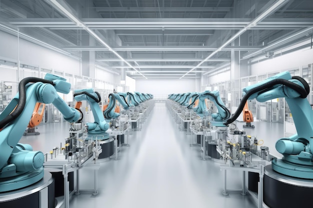 Groep robots die samenwerken in een fabriek Generatieve AI