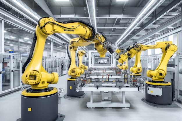 Groep robots die samenwerken in een fabriek Generatieve AI