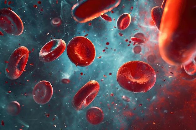 Groep rode bloedcellen zwevend in de uitgestrektheid van de ruimte Een microscopisch beeld van bloedcellen in een futuristische scifi-visuele stijl AI gegenereerd