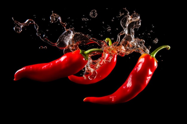 Groep rode paprika's met water dat eruit spat op zwarte achtergrond Generatieve AI