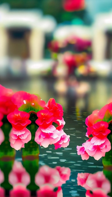 Groep roze bloemen die bovenop een waterlichaam generatieve ai zitten