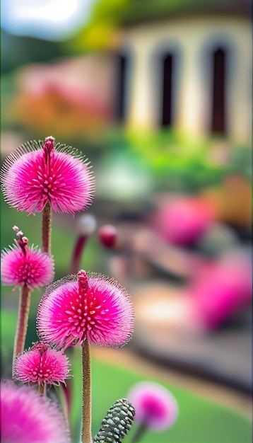 Groep roze bloemen die bovenop een weelderig groen gebied generatieve ai zitten