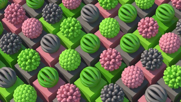 Groep roze, groene, grijze abstracte bollen. De kleurrijke 3d illustratie, geeft terug.