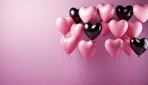 Groep roze hartvormige ballonnen op pastelroze achtergrond kopieer ruimte Valentine romantisch thema