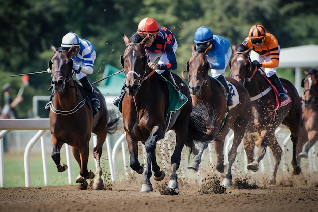 Groep ruiters en paarden die racen in de Grand Prix gezien van voren die veel stof op schoppen