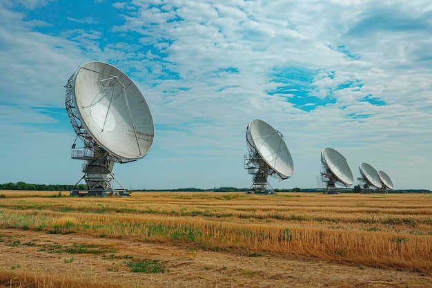 Groep satellietschotels op droog grasveld