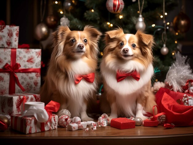 Groep schattige glimlachende honden met een kerstthema zitten met kerstcadeaus en ornamenten