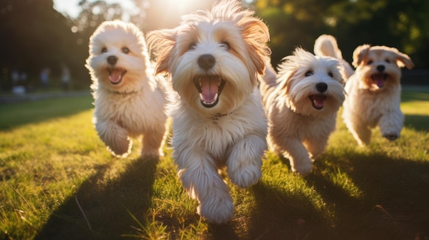 Groep schattige honden rennen en spelen op het groene gras in het park