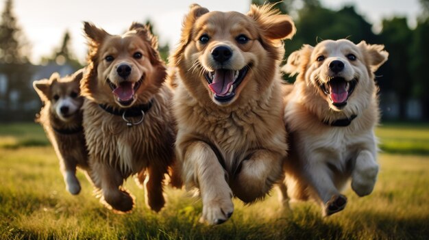 Groep schattige honden rennen en spelen op het groene gras in het park