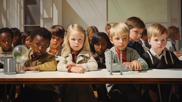 Foto groep schoolkinderen aan een tafel