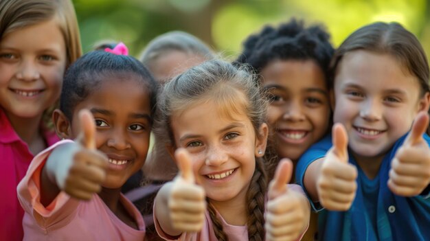 Foto groep schoolkinderen met hun duimen omhoog.