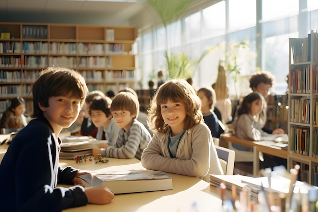 groep schoolstudenten bibliotheek achtergrond