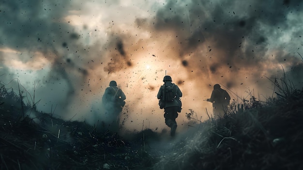 Groep soldaten die vechten tussen loopgraven en bommen Concept oorlog vrede gewapend conflict