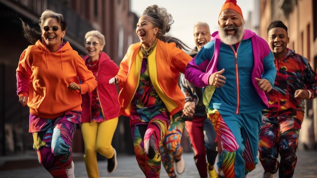 groep sportieve senioren die hardloper doen met kleurrijke kleding in de stad gegenereerd met ai