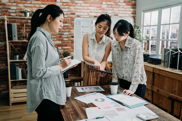 Groep stand-up zakenvrouwen die digitale tablet samen gebruiken op kantoor. elegante vrouw manager schrijven en wachten op werknemer om verslag te geven in vergadering. klein start-up business partners concept.