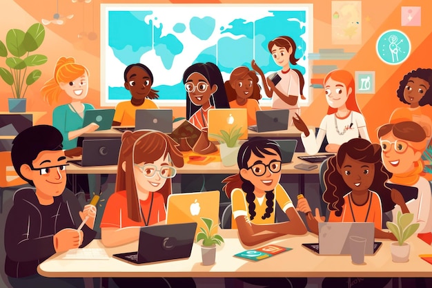 groep student in de klas studenten in een bibliotheek Rondetafelgesprek illustrator Generative AI