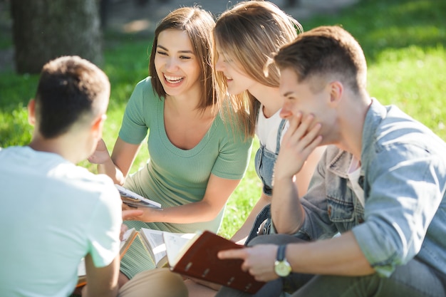 Groep studenten buitenshuis studeren