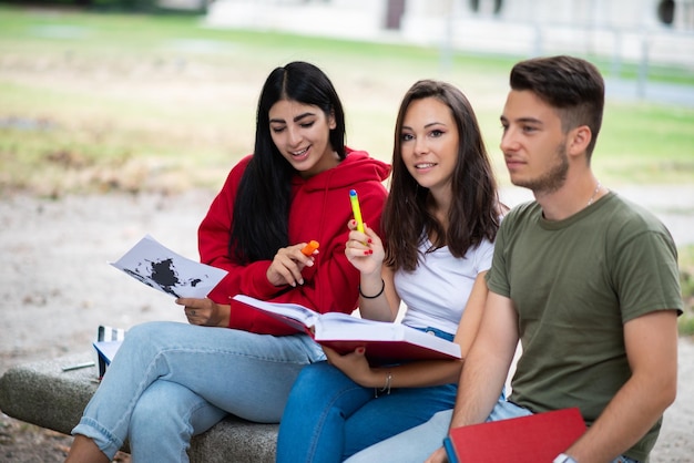 Groep studenten die buiten in een park studeren