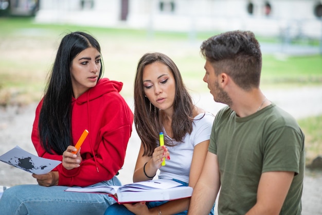 Groep studenten die buiten in een park studeren