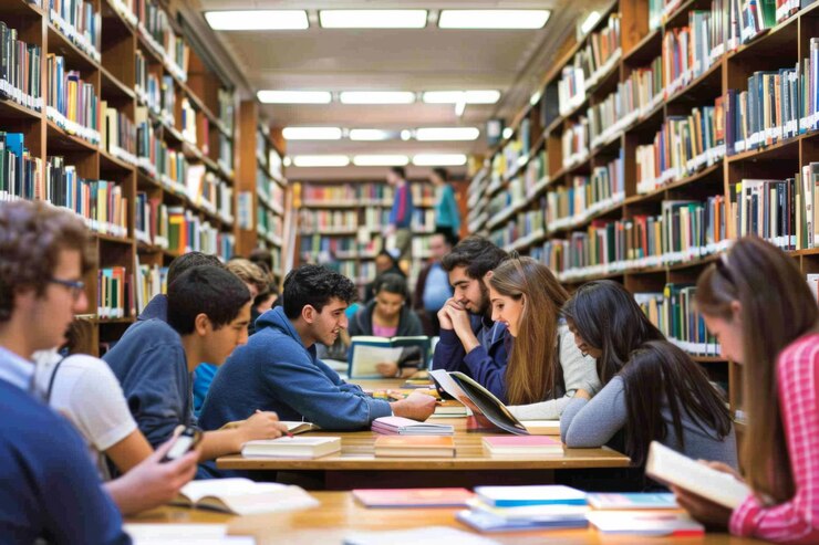 Foto groep studenten die in de bibliotheek studeren