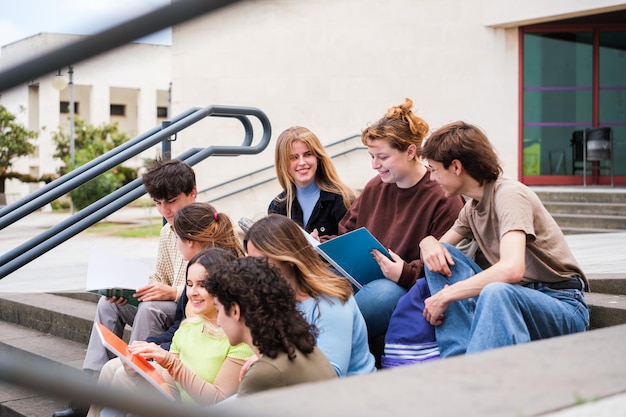 Groep studenten die op de trap zitten en boeken uitwisselen