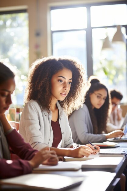 Groep studenten die samen in een bibliotheek studeren