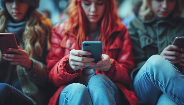 Groep studenten van verschillende rassen die naar slimme mobiele telefoons kijken tijdens de universiteitsvakantie Jonge mensen