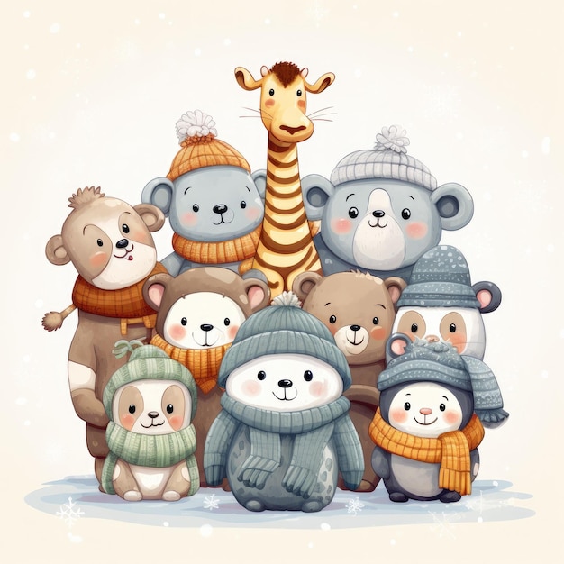 Groep teddyberen met hoeden en sjaals