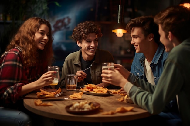groep tienervrienden aan tafel drinken
