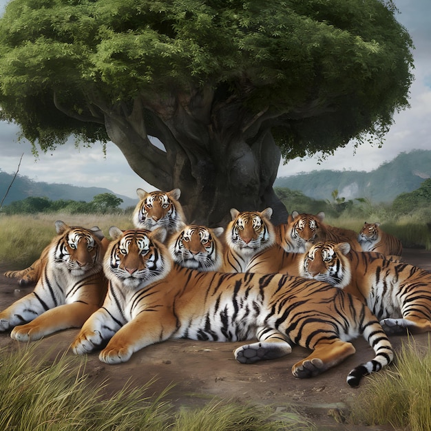 Foto groep tijgers onder de grote groene boom in de wildernis