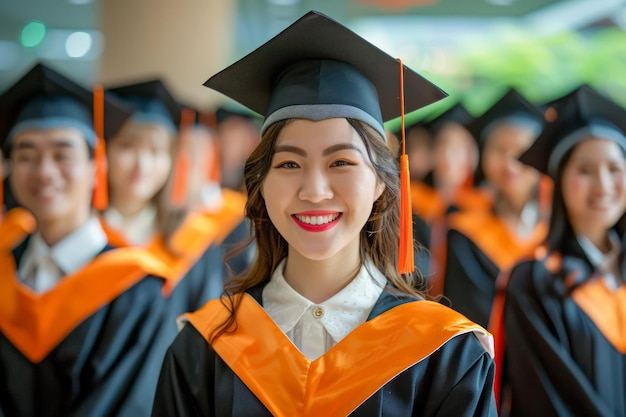 Groep universitair afgestudeerden in petten en jurken die zelfverzekerd glimlachen bij de afstudeerceremonie