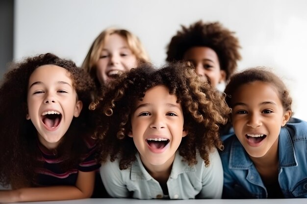 groep van 7 jaar oude jongens en meisjes kinderen met rugzak glimlach enthousiast terug naar school