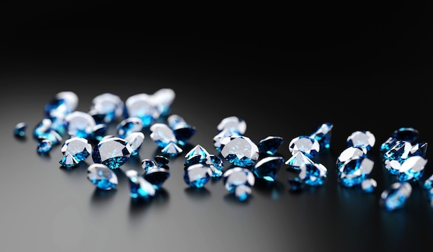 Groep van blauwe diamant saffier geplaatst op glanzende achtergrond hoofdobject focus 3D-rendering