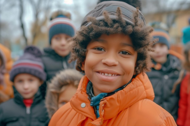 Groep van diverse, vrolijke, leuke, gelukkige, multi-etnische kinderen buiten op het schoolplein.