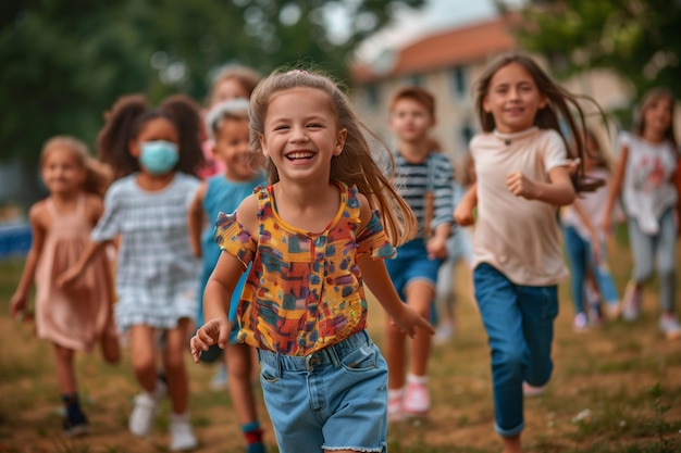 Groep van diverse, vrolijke, leuke, gelukkige, multi-etnische kinderen buiten op het schoolplein.