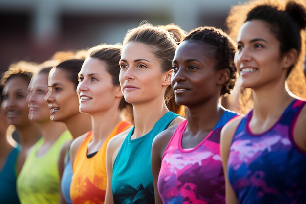 Foto groep van diverse vrouwelijke hardlopers die zich klaarmaken om de race te beginnen