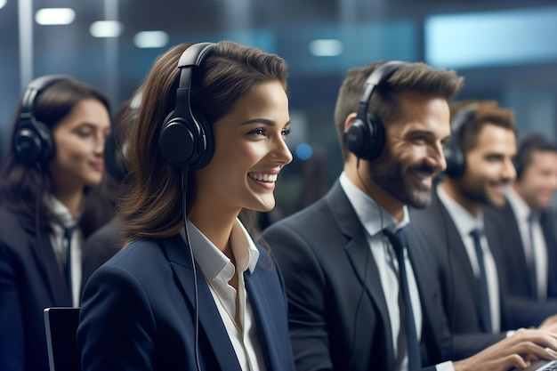 Groep van diverse zakenlieden die een headset dragen en in een callcenter werken Callcenteroperator