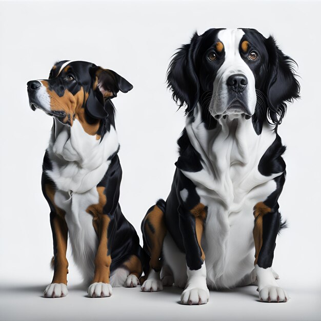 Groep van drie beagle honden voor een grijze achtergrond